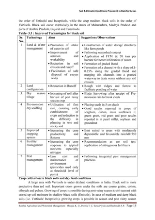 Soil & Climatic Conditions Prevalent in Rainfed Areas
Rainfed Agriculture and Watershed Management: Mevada K. D., Poonia T. C, Saras Piyush and Deshmukh S.P. Page 18
the order of Entisolsl and Inceptisols, while the deep medium black soils in the order of
Vertisols. Black soil occur extensively in the states of Maharashtra, Madhya Pradesh and
parts of Andhra Pradesh, Gujarat and Tamilnadu
Table- 3.3 : Improved Technologies for black soil
Sr.
No.
Technology Aims Suggestions/Observations
1 Land & Water
management
 Promotion of intake
of water in soil
 Improvement of
aeration and
workability
 Reduction in soil
erosion and runoff
 Facilitation of safe
disposal of excess
water
 Construction of water storage structures
like farm ponds
 Following watershed concept
 Application of FYM @ 20 tons per
hectare for better infiltration of water
 Formation of graded Bund
 Formation of a channel with a slope of.1-
0.25% along the graded Bund and
merging this channels into a grassed
waterway to drain water without any soil
erosion
2 Land
configuration
 Reduction in Runoff  Rough with ridges and furrow to
facilitate ponding of water
3 Dry season
tillage
 loosening of soil after
harvest of post rainy
season crop
 Blade harrowing after receipt of Pre-
monsoon rain to break clods
4 Pre-monsoon
dry seedling
 Utilisation of first
rain, ensuring early
establishment of
crops and reduction in
the difficulty in
planting in wet and
sticky soil
 Placing seeds in 5 cm death
 Good results reported in crops of
sorghum, cotton, main sunflower iI,
green gram, red gram and poor results
reported in in pearl millet, soybean and
groundnut
5 Improved
cropping
system
 Increasing the crop
productivity and
Returns
 Best suited to areas with moderately
dependable and favourable rainfall>750
mm
6 Fertility
management
 Increasing the crop
response to applied
nutrients especially
nitrogen
 Recommendation as per soil test/
application of nitrogenous fertilizers
7 Pest
management
 Low cost and
maintenance of
environment
(pesticides used only
at threshold level of
pests)
 Following integrated pest management
practices
Crop cultivation in black soils and dry land conditions
A large area with Vertisols is under dryland conditions in India. Black soil is more
productive than red soil. Important crops grown under the soils are coarse grains, cotton,
oilseeds and pulses. Growing of crops is possible during post-rainy season (rabi season) with
stored up soil moisture in shallow black soils (Entisols). In case of medium and deep black
soils (i.e. Vertisols/ Inceptisols), growing crops is possible in season and post rainy season
 