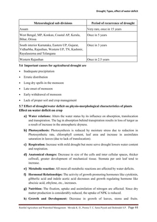 Drought; Types, effect of water deficit
Rainfed Agriculture and Watershed Management: Mevada K. D., Poonia T. C, Saras Piyush and Deshmukh S.P. Page 44
Meteorological sub divisions Period of recurrence of drought
Assam Very rare, once in 15 years
West Bengal, MP, Konkan, Coastal AP, Kerala,
Bihar, Orissa
Once in 5 years
South interior Karnataka, Eastern UP, Gujarat,
Vidharbha, Rajasthan, Western UP, TN, Kashmir,
Rayalaseema and Telangana
Once in 3 years
Western Rajasthan Once in 2.5 years
5.6 Important causes for agricultural drought are
• Inadequate precipitation
• Erratic distribution
• Long dry spells in the monsoon
• Late onset of monsoon
• Early withdrawal of monsoon
• Lack of proper soil and crop management
5.7 Effect of drought/water deficit on physio-morphological characteristics of plants
Effect on water deficit on crop
a) Water relations: Alters the water status by its influence on absorption, translocation
and transpiration. The lag in absorption behind transpiration results in loss of turgor as
a result of increase in the atmospheric dryness.
b) Photosynthesis: Photosynthesis is reduced by moisture stress due to reduction in
Photosynthetic rate, chlorophyll content, leaf area and increase in assimilates
saturation in leaves (due to lack of translocation).
c) Respiration: Increase with mild drought but more serve drought lowers water content
and respiration.
d) Anatomical changes: Decrease in size of the cells and inter cellular spaces, thicker
cellwall, greater development of mechanical tissue. Stomata per unit leaf tend to
increase.
e) Metabolic reaction: All most all metabolic reactions are affected by water deficits.
f) Hormonal Relationships: The activity of growth promoting hormones like cytokinin,
gibberlic acid and indole acetic acid decreases and growth regulating hormone like
abscisic acid, ethylene, etc., increases.
g) Nutrition: The fixation, uptake and assimilation of nitrogen are affected. Since dry
matter production is considerably reduced, the uptake of NPK is reduced.
h) Growth and Development: Decrease in growth of leaves, stems and fruits.
 