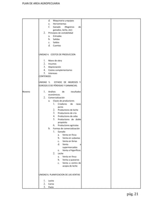 PLAN DE AREA AGROPECUARIA
Noveno
d. Maquinaria y equipos
e. Herramientas
f. Ganado (Registros de
ganados, leche, etc)
2. Principios de contabilidad
a. Entradas
b. Salidas
c. Saldos
d. Cuentas
UNIDAD 4. COSTOS DE PRODUCCION
1. Mano de obra
2. Insumos
3. Depreciación
4. Costos complementarios
5. Intereses
CONTENIDO:
UNIDAD 5. ESTADO DE INGRESOS Y
EGRESOS O DE PÉRDIDAS Y GANANCIAS.
1. Análisis de resultados
económicos.
2. Comercialización
a. Clases de productores
1. Criadores de razas
puras
2. Productores de leche
3. Productores de cría
4. Productores de ceba
5. Productores de doble
propósito
6. Productores agrícolas
b. Formas de comercialización
1. Ganado
a. Venta en finca
b. Venta en subastas
c. Venta en ferias
d. Venta a
supermercados
e. Venta a frigoríficos
2. Leche
a. Venta en finca
b. Venta a queseros
c. Venta a centro de
acopia de leche
UNIDAD 6. PLANIFICACION DE LAS VENTAS
1. Leche
2. Carne
3. Pasto
pág. 21
 