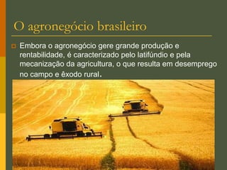 A estrutura fundiária brasileiraA estrutura fundiária brasileira, ou seja, a forma como se distribuem as  propriedades rurais, é extremamente concentradora.   “ Isso significa que pouca gente possui muita terra, muita gente possui pouquíssima terra e muita mais gente não possui terra nenhuma.”