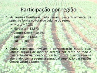Participação por região
• As regiões brasileiras participavam, percentualmente, da
  seguinte forma no total do volume do setor:
   – Norte – 4,2%;
   – Nordeste – 13,6%;
   – Centro-Oeste – 10,4%;
   – Sudeste – 41,8%;
   – Sul – 30,0%;

• Dados estes que revelam a concentração nestas duas
  últimas regiões de mais de setenta por cento de todo o
  montante do agronegócio brasileiro. Este quadro vem se
  alterando, com a pequena e gradual ampliação das regiões
  Centro-Oeste e Norte.
 