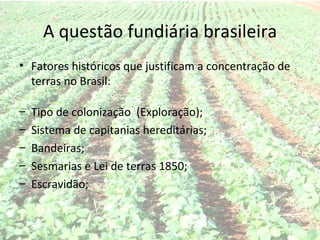 A questão fundiária brasileira
• Fatores históricos que justificam a concentração de
  terras no Brasil:

–   Tipo de colonização (Exploração);
–   Sistema de capitanias hereditárias;
–   Bandeiras;
–   Sesmarias e Lei de terras 1850;
–   Escravidão;
 