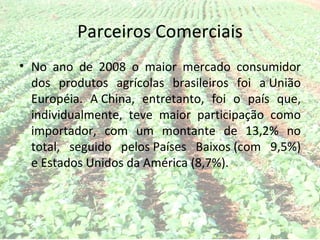 Parceiros Comerciais
• No ano de 2008 o maior mercado consumidor
  dos produtos agrícolas brasileiros foi a União
  Européia. A China, entretanto, foi o país que,
  individualmente, teve maior participação como
  importador, com um montante de 13,2% no
  total, seguido pelos Países Baixos (com 9,5%)
  e Estados Unidos da América (8,7%).
 