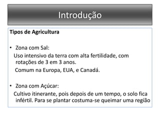IntroduçãoTipos de AgriculturaZona com Sal:  Uso intensivo da terra com alta fertilidade, com rotações de 3 em 3 anos.    Comum na Europa, EUA, e Canadá.Zona com Açúcar:   Cultivo itinerante, pois depois de um tempo, o solo fica infértil. Para se plantar costuma-se queimar uma região