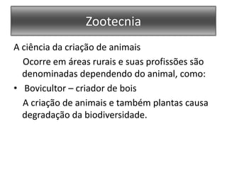 ZootecniaA ciência da criação de animais    Ocorre em áreas rurais e suas profissões são denominadas dependendo do animal, como:Bovicultor – criador de bois    A criação de animais e também plantas causa degradação da biodiversidade.