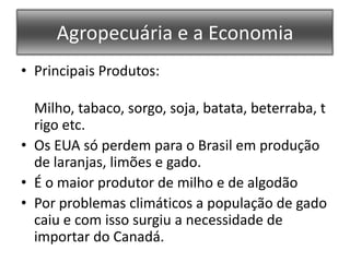 Agropecuária e a EconomiaPrincipais Produtos:    Milho, tabaco, sorgo, soja, batata, beterraba, trigo etc.Os EUA só perdem para o Brasil em produção de laranjas, limões e gado. É o maior produtor de milho e de algodão Por problemas climáticos a população de gado caiu e com isso surgiu a necessidade de importar do Canadá.