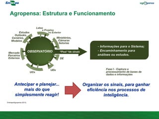 Agropensa: Estrutura e Funcionamento
Embrapa/Agropensa (2013).
Organizar os sinais, para ganhar
eficiência nos processos de
inteligência.
Antecipar e planejar...
mais do que
simplesmente reagir!
 
