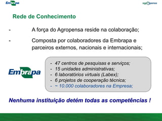 Rede de Conhecimento
- A força do Agropensa reside na colaboração;
- Composta por colaboradores da Embrapa e
parceiros externos, nacionais e internacionais;
- 47 centros de pesquisas e serviços;
- 15 unidades administrativas;
- 6 laboratórios virtuais (Labex);
- 6 projetos de cooperação técnica;
- ~ 10.000 colaboradores na Empresa;
Nenhuma instituição detém todas as competências !
 