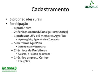 Cadastramento
• 5 propriedades rurais
• Participação
– 4 produtores
– 2 técnicos Acomad/Consiga (Instrutores)
– 1 professor UFV e 6 membros AgroPlus
• Agronegócio, Agronomia e Zootecnia
– 5 membros AgroPlan
• Agronomia e Veterinária
– 2 técnicos de Prefeituras
• Guarani e Rosário da Limeira
– 1 técnico empresa Centev
• Energética
4
 