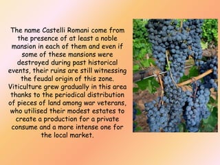 The name Castelli Romani come from
the presence of at least a noble
mansion in each of them and even if
some of these mansions were
destroyed during past historical
events, their ruins are still witnessing
the feudal origin of this zone.
Viticulture grew gradually in this area
thanks to the periodical distribution
of pieces of land among war veterans,
who utilised their modest estates to
create a production for a private
consume and a more intense one for
the local market.

 