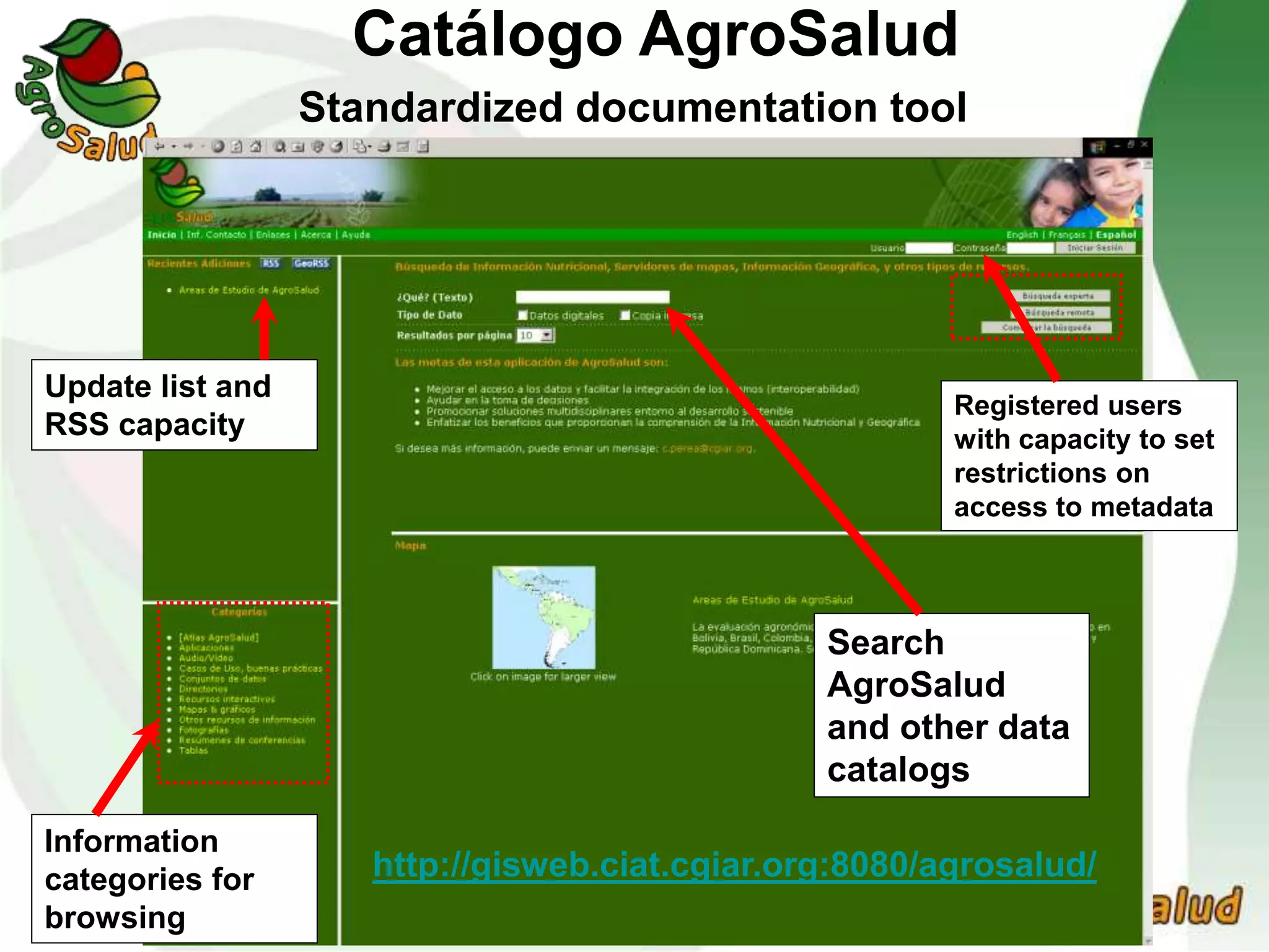 Information
categories for
browsing
Update list and
RSS capacity
Search
AgroSalud
and other data
catalogs
http://gisweb.ciat.cgiar.org:8080/agrosalud/
Standardized documentation tool
Catálogo AgroSalud
Registered users
with capacity to set
restrictions on
access to metadata