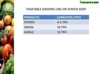 VEGETABLE GRADING LINE ON SCREEN SIZER
PRODUCTS:
POTATO

CAPACITIES (TPH)
4-5 TPH

ONION
GARLIC

10 TPH
15 TPH

 