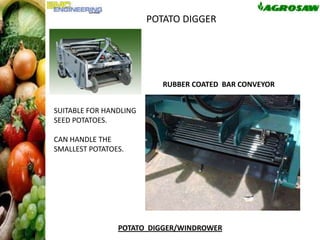 POTATO DIGGER

FIXED DIGGING SHEAR
RUBBER COATED BAR CONVEYOR
SUITABLE FOR HANDLING
SEED POTATOES.
CAN HANDLE THE
SMALLEST POTATOES.

POTATO DIGGER/WINDROWER

 