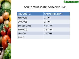 ROUND FRUIT SORTING-GRADING LINE
PRODUCTS:
KINNOW

CAPACITIES (TPH)
1 TPH

ORANGE
SWEET LIME
TOMATO

2 TPH
4-5 TPH
7.5 TPH

LEMON
AMLA

10 TPH

 