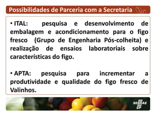 Possibilidades de Parceria com a Secretaria
• ITAL:     pesquisa e desenvolvimento de
embalagem e acondicionamento para o figo
fresco (Grupo de Engenharia Pós-colheita) e
realização de ensaios laboratoriais sobre
características do figo.

• APTA: pesquisa para incrementar a
produtividade e qualidade do figo fresco de
Valinhos.
 