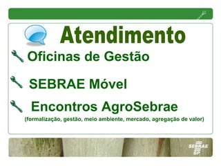 Oficinas de Gestão

 SEBRAE Móvel
  Encontros AgroSebrae
(formalização, gestão, meio ambiente, mercado, agregação de valor)
 