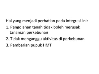 Hal yang menjadi perhatian pada integrasi ini:
1. Pengolahan tanah tidak boleh merusak
tanaman perkebunan
2. Tidak menganggu aktivitas di perkebunan
3. Pemberian pupuk HMT

 