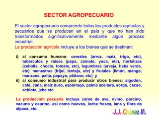 SECTOR AGROPECUARIO
El sector agropecuario comprende todos los productos agrícolas y
pecuarios que se producen en el país y que no han sido
transformados significativamente mediante algún proceso
industrial.
La producción agrícola incluye a los bienes que se destinan:
i) al consumo humano: cereales (arroz, maíz, trigo, etc),
tubérculos y raíces (papa, camote, yuca, etc), hortalizas
(cebolla, choclo, tomate, etc), legumbres (arveja, haba verde,
etc), menestras (fríjol, lenteja, etc) y frutales (limón, mango,
manzana, palta, papayo, plátano, etc) y
ii) al consumo industrial para producir otros bienes: algodón,
café, caña, maíz duro, espárrago, palma aceitera, sorgo, cacao,
achiote, jebe etc.
La producción pecuaria incluye carne de ave, ovino, porcino,
vacuno y caprino, así como huevos, leche fresca, lana y fibra de
alpaca, etc.
 