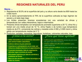 REGIONES NATURALES DEL PERU
Sierra …
 Representa el 30.5% de la superficie del país y su altura varía desde los 800 hasta los
4 800 msnm
 En la sierra aproximadamente el 70% de la superficie cultivada es bajo régimen de
secano y el resto bajo riego
 Los Andes presentan diversos ecosistemas con una variedad de climas y
temperaturas con valles interandinos, bajos e intermedios
 Presenta climas templados con temperaturas promedio superiores a 20 °C; clima frío y
boreal con una media anual de 12 °C, clima frígido o de tundra cuya temperatura
media es de 6°C, comprende las colinas y mesetas entre 4 000 y 5 000 msnm y clima
gélido con temperaturas medias de 0 °C
 Productos: cereales, menestras, legumbres, hortalizas, colorantes naturales, tara.
 