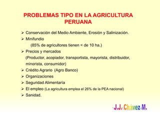 PROBLEMAS TIPO EN LA AGRICULTURA
PERUANA
 Conservación del Medio Ambiente, Erosión y Salinización.
 Minifundio
(85% de agricultores tienen < de 10 ha.)
 Precios y mercados
(Productor, acopiador, transportista, mayorista, distribuidor,
minorista, consumidor)
 Crédito Agrario (Agro Banco)
 Organizaciones
 Seguridad Alimentaría
 El empleo (La agricultura emplea el 26% de la PEA nacional)
 Sanidad.
 