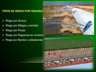 TIPOS DE RIEGO POR GRAVEDAD:
 Riego por Surcos
 Riego por Melgas o tendido
 Riego por Pozas
 Riego por Regueras en contorno
 Riego por Bordes o platabanda
 