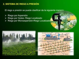 2. SISTEMA DE RIEGO A PRESIÓN
El riego a presión se puede clasificar de la siguiente manera:
 Riego por Aspersión
 Riego por Goteo- Riego Localizado
 Riego por Microaspersión-Riego Localizado
 