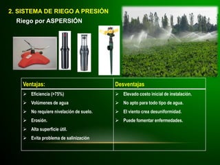 2. SISTEMA DE RIEGO A PRESIÓN
Riego por ASPERSIÓN
Ventajas: Desventajas
 Eficiencia (>75%)
 Volúmenes de agua
 No requiere nivelación de suelo.
 Erosión.
 Alta superficie útil.
 Evita problema de salinización
 Elevado costo inicial de instalación.
 No apto para todo tipo de agua.
 El viento crea desuniformidad.
 Puede fomentar enfermedades.
 