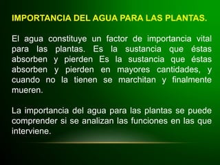 IMPORTANCIA DEL AGUA PARA LAS PLANTAS.
El agua constituye un factor de importancia vital
para las plantas. Es la sustancia que éstas
absorben y pierden Es la sustancia que éstas
absorben y pierden en mayores cantidades, y
cuando no la tienen se marchitan y finalmente
mueren.
La importancia del agua para las plantas se puede
comprender si se analizan las funciones en las que
interviene.
 
