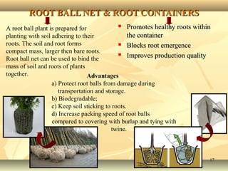 1717
ROOT BALL NET & ROOT CONTAINERSROOT BALL NET & ROOT CONTAINERS
 Promotes healthy roots withinPromotes healthy roots within
the containerthe container
 Blocks root emergenceBlocks root emergence
 Improves production qualityImproves production quality
A root ball plant is prepared for
planting with soil adhering to their
roots. The soil and root forms
compact mass, larger then bare roots.
Root ball net can be used to bind the
mass of soil and roots of plants
together. Advantages
a) Protect root balls from damage during
transportation and storage.
b) Biodegradable;
c) Keep soil sticking to roots.
d) Increase packing speed of root balls
compared to covering with burlap and tying with
twine.
 