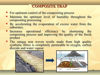 1818
COMPOSITE TRAPCOMPOSITE TRAP
 For optimum control of the compositing processFor optimum control of the compositing process
 Maintain the optimum level of humidity throughout theMaintain the optimum level of humidity throughout the
compositing processingcompositing processing
 By accelerating the evaporation of excess water from theBy accelerating the evaporation of excess water from the
substrates.substrates.
 Increases operational efficiency by shortening theIncreases operational efficiency by shortening the
composting process and improving the quality of the finishcomposting process and improving the quality of the finish
productproduct
 The unique non woven textile made from high qualityThe unique non woven textile made from high quality
synthetic fibres is completely permeable to oxygen, carbonsynthetic fibres is completely permeable to oxygen, carbon
dioxide and water vapourdioxide and water vapour
 