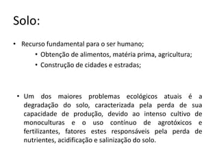 Solo: 
• Recurso fundamental para o ser humano; 
• Obtenção de alimentos, matéria prima, agricultura; 
• Construção de cidades e estradas; 
• Um dos maiores problemas ecológicos atuais é a 
degradação do solo, caracterizada pela perda de sua 
capacidade de produção, devido ao intenso cultivo de 
monoculturas e o uso contínuo de agrotóxicos e 
fertilizantes, fatores estes responsáveis pela perda de 
nutrientes, acidificação e salinização do solo. 
 