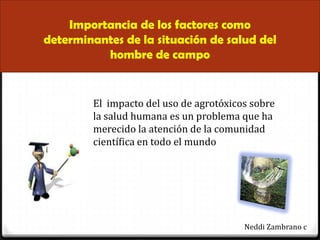 Importancia de los factores como
determinantes de la situación de salud del
          hombre de campo


        El impacto del uso de agrotóxicos sobre
        la salud humana es un problema que ha
        merecido la atención de la comunidad
        científica en todo el mundo




                                        Neddi Zambrano c
 