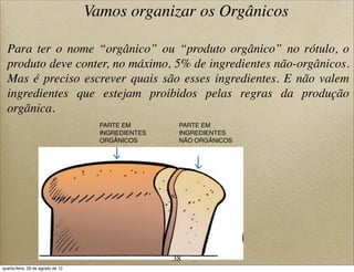 Para ter o nome “orgânico” ou “produto orgânico” no rótulo, o
produto deve conter, no máximo, 5% de ingredientes não-orgânicos.
Mas é preciso escrever quais são esses ingredientes. E não valem
ingredientes que estejam proibidos pelas regras da produção
orgânica.
PARTE EM
INGREDIENTES
ORGÂNICOS
PARTE EM
INGREDIENTES
NÃO ORGÂNICOS
Vamos organizar os Orgânicos
38
quarta-feira, 29 de agosto de 12
 