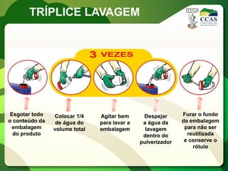 TRÍPLICE LAVAGEM




 Esgotar todo   Colocar 1/4    Agitar bem      Despejar      Furar o fundo
o conteúdo da    de água do    para lavar a    a água da     da embalagem
  embalagem     volume total   embalagem        lavagem       para não ser
  do produto                                   dentro do       reutilizada
                                              pulverizador    e conserve o
                                                                 rótulo
 