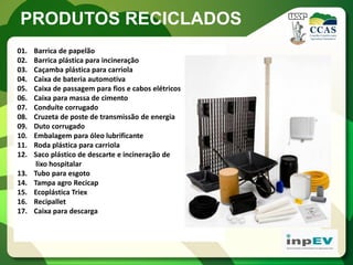 PRODUTOS RECICLADOS
01.   Barrica de papelão
02.   Barrica plástica para incineração
03.   Caçamba plástica para carriola
04.   Caixa de bateria automotiva
05.   Caixa de passagem para fios e cabos elétricos
06.   Caixa para massa de cimento
07.   Conduíte corrugado
08.   Cruzeta de poste de transmissão de energia
09.   Duto corrugado
10.   Embalagem para óleo lubrificante
11.   Roda plástica para carriola
12.   Saco plástico de descarte e incineração de
       lixo hospitalar
13.   Tubo para esgoto
14.   Tampa agro Recicap
15.   Ecoplástica Triex
16.   Recipallet
17.   Caixa para descarga
 