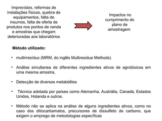 Método utilizado:
• multirresíduo (MRM, do inglês Multiresidue Methods)
• Análise simultanea de diferentes ingredientes ativos de agrotóxicos em
uma mesma amostra,
• Detecção de diversos metabólitos
• Técnica adotada por países como Alemanha, Austrália, Canadá, Estados
Unidos, Holanda e outros.
• Método não se aplica na análise de alguns ingredientes ativos, como no
caso dos ditiocarbamatos, precursores de dissulfeto de carbono, que
exigem o emprego de metodologias específicas
Imprevistos, reformas de
instalações físicas, quebra de
equipamentos, falta de
insumos, falta de oferta de
produtos nos pontos de venda
e amostras que chegam
deterioradas aos laboratórios
Impactos no
cumprimento do
plano de
amostragem
 