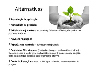 Alternativas
Tecnologia de aplicação
Agricultura de precisão
Adição de adjuvantes - produtos químicos sintéticos, derivados de
produtos naturais
Novas formulações
Agrotóxicos naturais - baseados em plantas
Pesticidas Microbianos- (bactérias, fungos, protozoários e vírus).
Desvantagem é o alto grau de habilidade e controle ambiental exigido
para garantir que seu uso seja totalmente efetivo
Controle Biológico - uso de inimigos naturais para o controle de
pragas
 