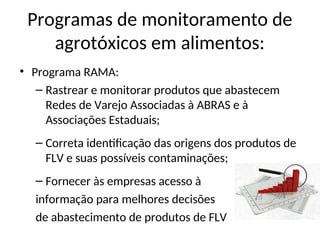 Programas de monitoramento de
agrotóxicos em alimentos:
• Programa RAMA:
– Rastrear e monitorar produtos que abastecem
Redes de Varejo Associadas à ABRAS e à
Associações Estaduais;
– Correta identificação das origens dos produtos de
FLV e suas possíveis contaminações;
– Fornecer às empresas acesso à
informação para melhores decisões
de abastecimento de produtos de FLV
 