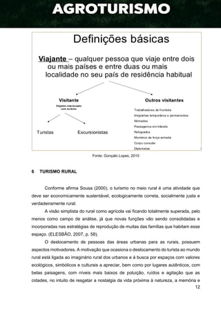 12
Fonte: Gonçalo Lopes, 2010
6 TURISMO RURAL
Conforme afirma Sousa (2000), o turismo no meio rural é uma atividade que
deve ser economicamente sustentável, ecologicamente correta, socialmente justa e
verdadeiramente rural.
A visão simplista do rural como agrícola vai ficando totalmente superada, pelo
menos como campo de análise, já que novas funções vão sendo consolidadas e
incorporadas nas estratégias de reprodução de muitas das famílias que habitam esse
espaço. (ELESBÃO, 2007, p. 58).
O deslocamento de pessoas das áreas urbanas para as rurais, possuem
aspectos motivadores. A motivação que ocasiona o deslocamento do turista ao mundo
rural está ligada ao imaginário rural dos urbanos e à busca por espaços com valores
ecológicos, simbólicos e culturais a apreciar, bem como por lugares autênticos, com
belas paisagens, com níveis mais baixos de poluição, ruídos e agitação que as
cidades, no intuito de resgatar a nostalgia da vida próxima à natureza, a memória e
 