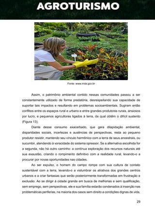 29
Fonte: www.mda.gov.br
Assim, o patrimônio ambiental contido nessas comunidades passou a ser
constantemente utilizado de forma predatória, desrespeitando sua capacidade de
suportar tais impactos e resultando em problemas socioambientais. Sugiram então
conflitos entre os espaços rural e urbano e entre grandes produtores rurais, ansiosos
por lucro, e pequenos agricultores ligados à terra, da qual obtêm o difícil sustento
(Figura 13).
Diante desse consumo exacerbado, que gera dilapidação ambiental,
disparidades sociais, incertezas e ausências de perspectivas, resta ao pequeno
produtor resistir, mantendo seu vínculo harmônico com a terra de seus ancestrais, ou
sucumbir, atendendo à voracidade do sistema opressor. Se a alternativa escolhida for
a segunda, não há outro caminho: a contínua exploração dos recursos naturais até
sua exaustão, criando o rompimento definitivo com a realidade rural, levando-o a
procurar por novas oportunidades nas cidades.
Ao ser expulso, o homem do campo rompe com sua cultura de contato
sustentável com a terra, levando-o a vislumbrar os atrativos dos grandes centros
urbanos e a criar fantasias que serão posteriormente transformadas em frustração e
exclusão. Ao se dirigir à cidade grande em busca de melhorias e sem qualificação,
sem emprego, sem perspectivas, ele e sua família estarão condenados à inserção nas
problemáticas periferias, na maioria dos casos sem direito a condições dignas de vida,
 