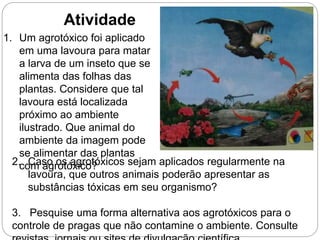 Atividade
1. Um agrotóxico foi aplicado
em uma lavoura para matar
a larva de um inseto que se
alimenta das folhas das
plantas. Considere que tal
lavoura está localizada
próximo ao ambiente
ilustrado. Que animal do
ambiente da imagem pode
se alimentar das plantas
com agrotóxico?2. Caso os agrotóxicos sejam aplicados regularmente na
lavoura, que outros animais poderão apresentar as
substâncias tóxicas em seu organismo?
3. Pesquise uma forma alternativa aos agrotóxicos para o
controle de pragas que não contamine o ambiente. Consulte
 