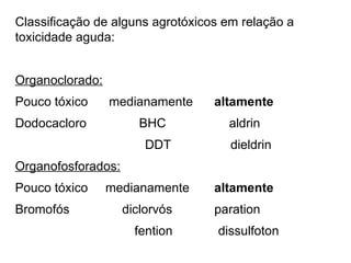 Classificação de alguns agrotóxicos em relação a
toxicidade aguda:
Organoclorado:
Pouco tóxico medianamente altamente
Dodocacloro BHC aldrin
DDT dieldrin
Organofosforados:
Pouco tóxico medianamente altamente
Bromofós diclorvós paration
fention dissulfoton
 