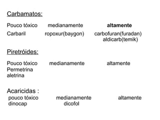 Carbamatos:
Pouco tóxico medianamente altamente
Carbaril ropoxur(baygon) carbofuran(furadan)
aldicarb(temik)
Piretróides:
Pouco tóxico medianamente altamente
Permetrina
aletrina
Acaricidas :
pouco tóxico medianamente altamente
dinocap dicofol
 