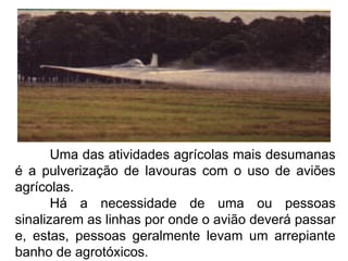 Uma das atividades agrícolas mais desumanas
é a pulverização de lavouras com o uso de aviões
agrícolas.
Há a necessidade de uma ou pessoas
sinalizarem as linhas por onde o avião deverá passar
e, estas, pessoas geralmente levam um arrepiante
banho de agrotóxicos.
 