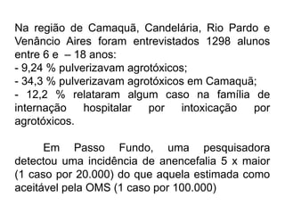 Na região de Camaquã, Candelária, Rio Pardo e
Venâncio Aires foram entrevistados 1298 alunos
entre 6 e – 18 anos:
- 9,24 % pulverizavam agrotóxicos;
- 34,3 % pulverizavam agrotóxicos em Camaquã;
- 12,2 % relataram algum caso na família de
internação hospitalar por intoxicação por
agrotóxicos.
Em Passo Fundo, uma pesquisadora
detectou uma incidência de anencefalia 5 x maior
(1 caso por 20.000) do que aquela estimada como
aceitável pela OMS (1 caso por 100.000)
 
