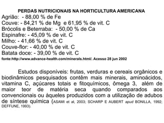 PERDAS NUTRICIONAIS NA HORTICULTURA AMERICANA
Agrião: - 88,00 % de Fe
Couve: - 84,21 % de Mg e 61,95 % de vit. C
Brócolis e Beterraba: - 50,00 % de Ca
Espinafre: - 45,09 % de vit. C
Milho: - 41,66 % de vit. C
Couve-flor: - 40,00 % de vit. C
Batata doce: - 39,00 % de vit. C
fonte:http://www.advance-health.com/minerals.html/. Acesso 28 jun 2002
Estudos disponíveis: frutas, verduras e cereais orgânicos e
biodinâmicos pesquisados contêm mais minerais, aminoácidos,
vitamina C, açúcares totais e fitoquímicos, ômega 3, além de
maior teor de matéria seca quando comparados aos
convencionais ou àqueles produzidos com a utilização de adubos
de síntese química (ASAMI et al, 2003; SCHARP E AUBERT apud BONILLA, 1992;
DEFFUNE, 1993).
 