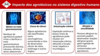 Impacto dos agrotóxicos no sistema digestivo humano
Efeitos no trato
gastrointestinal
Resíduos de
agrotóxicos podem
irritar e danificar o
trato
gastrointestinal,
provocando diarreia,
náuseas, vômitos e
dores abdominais.
Causa de câncer
Alguns agrotóxicos
são classificados
como
carcinogênicos,
aumentando o risco
de desenvolver
câncer de cólon,
estômago e outros
órgãos.
Intoxicação crônica
Exposição contínua a
baixos níveis de
agrotóxicos pode
resultar em
intoxicação crônica,
afetando a função
renal, hepática e
imunológica.
Alergias e
sensibilidade
Pessoas alérgicas ou
sensíveis podem
desenvolver reações
alérgicas graves
após ingestão de
alimentos
contaminados com
agrotóxicos.
 
