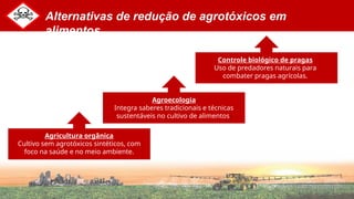 Alternativas de redução de agrotóxicos em
alimentos
Agricultura orgânica
Cultivo sem agrotóxicos sintéticos, com
foco na saúde e no meio ambiente.
Agroecologia
Integra saberes tradicionais e técnicas
sustentáveis no cultivo de alimentos.
Controle biológico de pragas
Uso de predadores naturais para
combater pragas agrícolas.
 