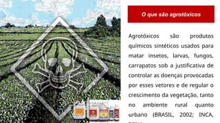 Agrotóxicos são produtos
químicos sintéticos usados para
matar insetos, larvas, fungos,
carrapatos sob a justificativa de
controlar as doenças provocadas
por esses vetores e de regular o
crescimento da vegetação, tanto
no ambiente rural quanto
urbano (BRASIL, 2002; INCA,
O que são agrotóxicos
 