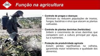 Função na agricultura
• Controle de pragas e doenças
Eliminam ou reduzem populações de insetos,
fungos, bactérias e vírus que atacam as plantas
cultivadas.
• Controle de plantas daninhas (herbicidas)
Inibem o crescimento de ervas daninhas que
competem com a cultura principal por água,
luz e nutrientes.
• Proteção da produtividade agrícola
Evitam perdas significativas na colheita,
garantindo maior rendimento e qualidade dos
alimentos.
 